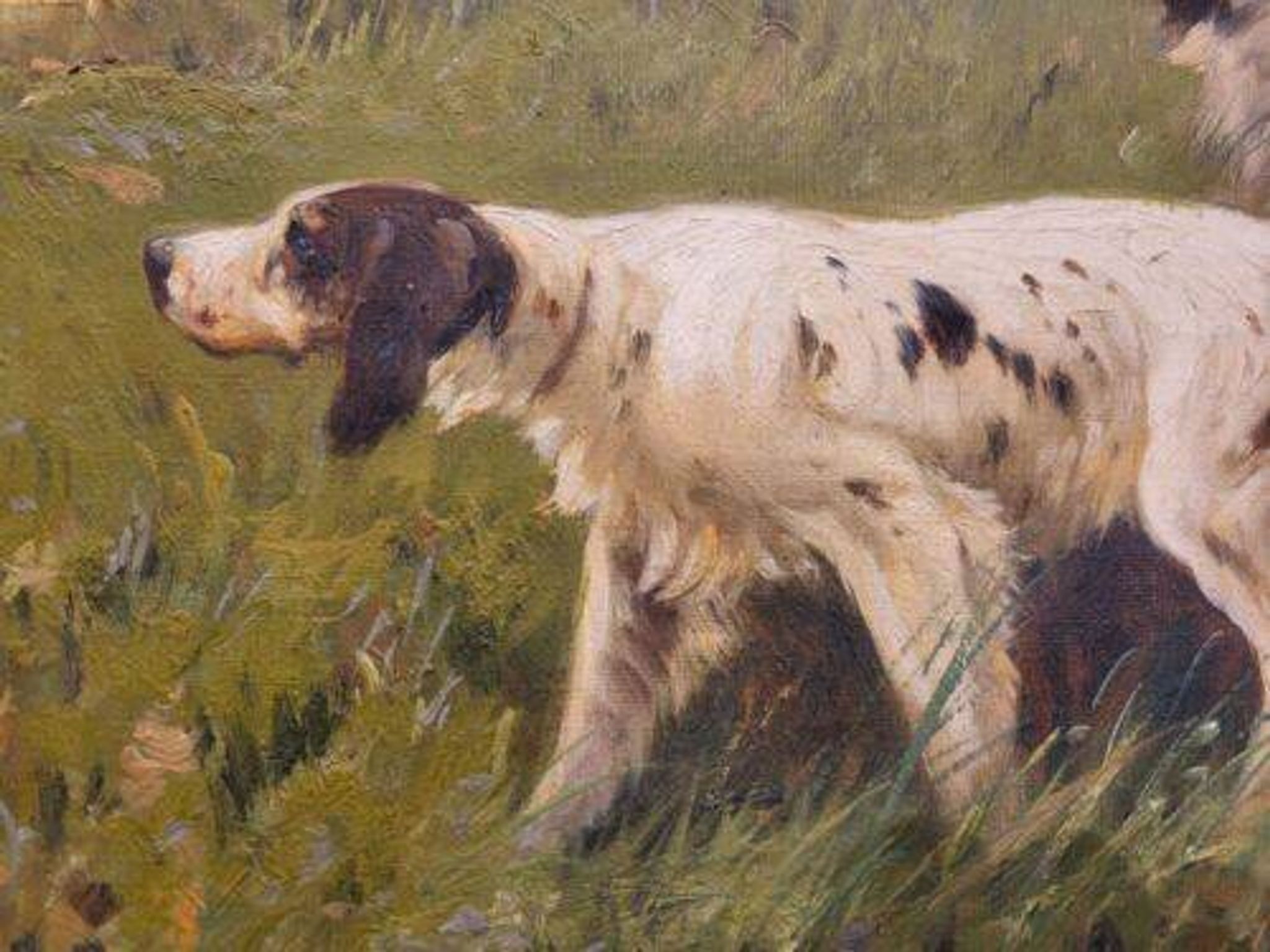 Grande peinture à l'huile sur toile chien de chasse dans le bois signée