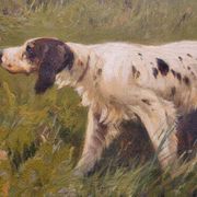 Grande peinture à l'huile sur toile chien de chasse dans le bois signée