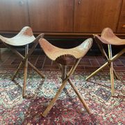 Tabourets tripodes mexicain vintage en bambou et cuir