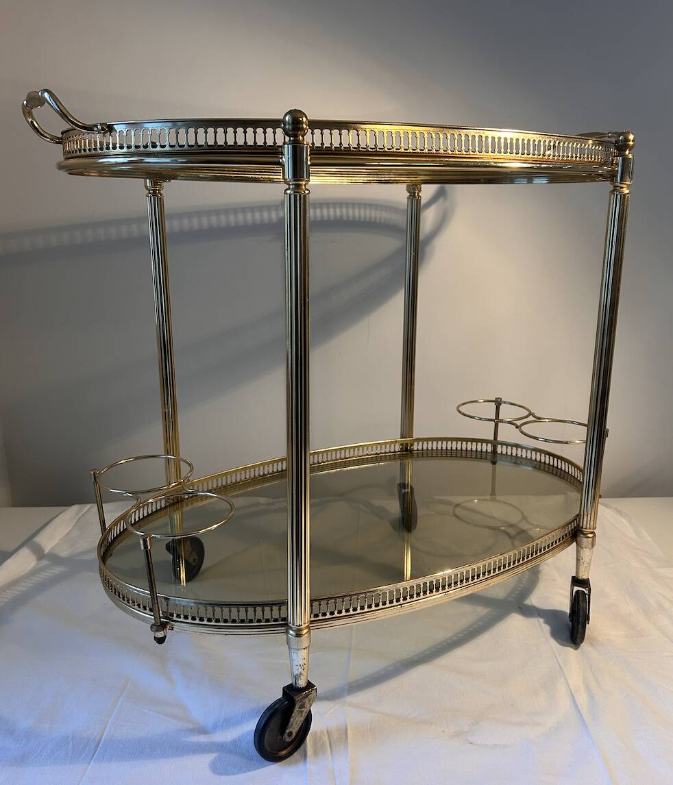 Neoclassical bar cart in gilded brass and smoked glass