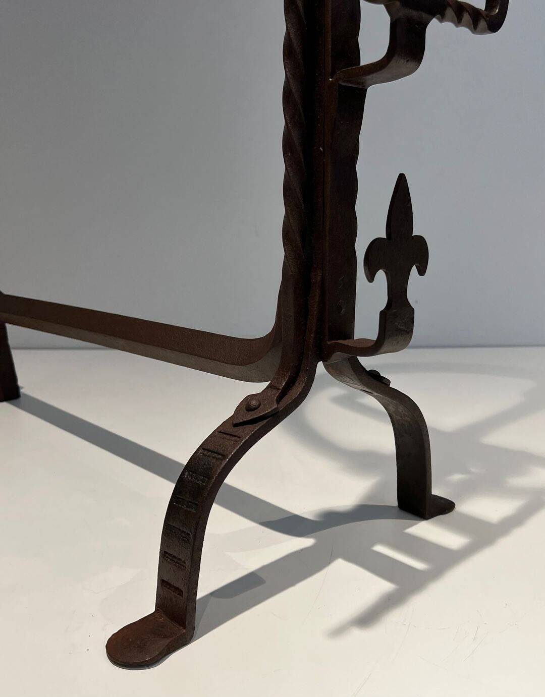 Important Pair of Gothic Wrought Iron Andirons with Fleur-de-Lis