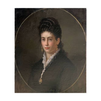HST painting "Elegant portrait with jewels" 19th century signed CF Kaiser