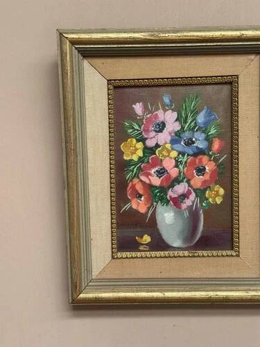 Oil on Canvas Laid on Panel “ Vase” by Sascher, Vintage & Framed 22×27cm