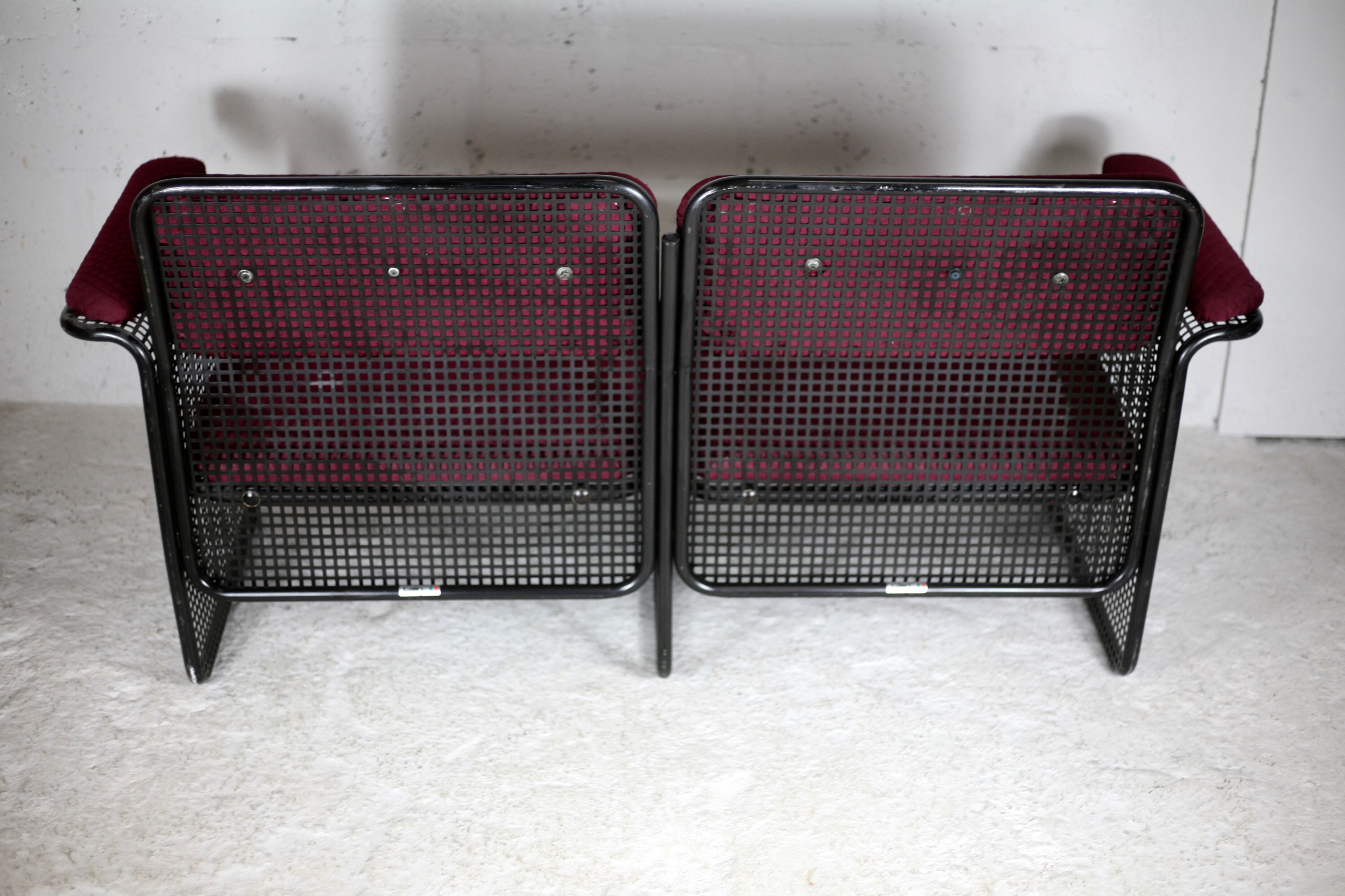 Black honeycomb steel sofa, burgundy fabrics, Italy, circa 1970