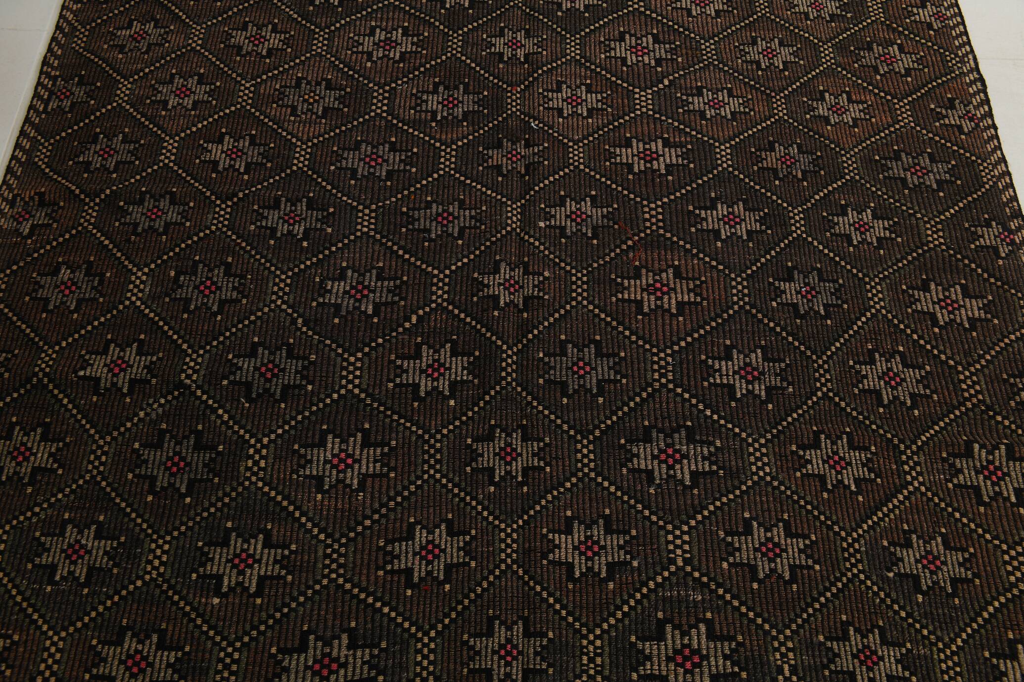 Tapis Kilim Vintage Noir et Brun à Motifs Géométriques, 183x297 Cm