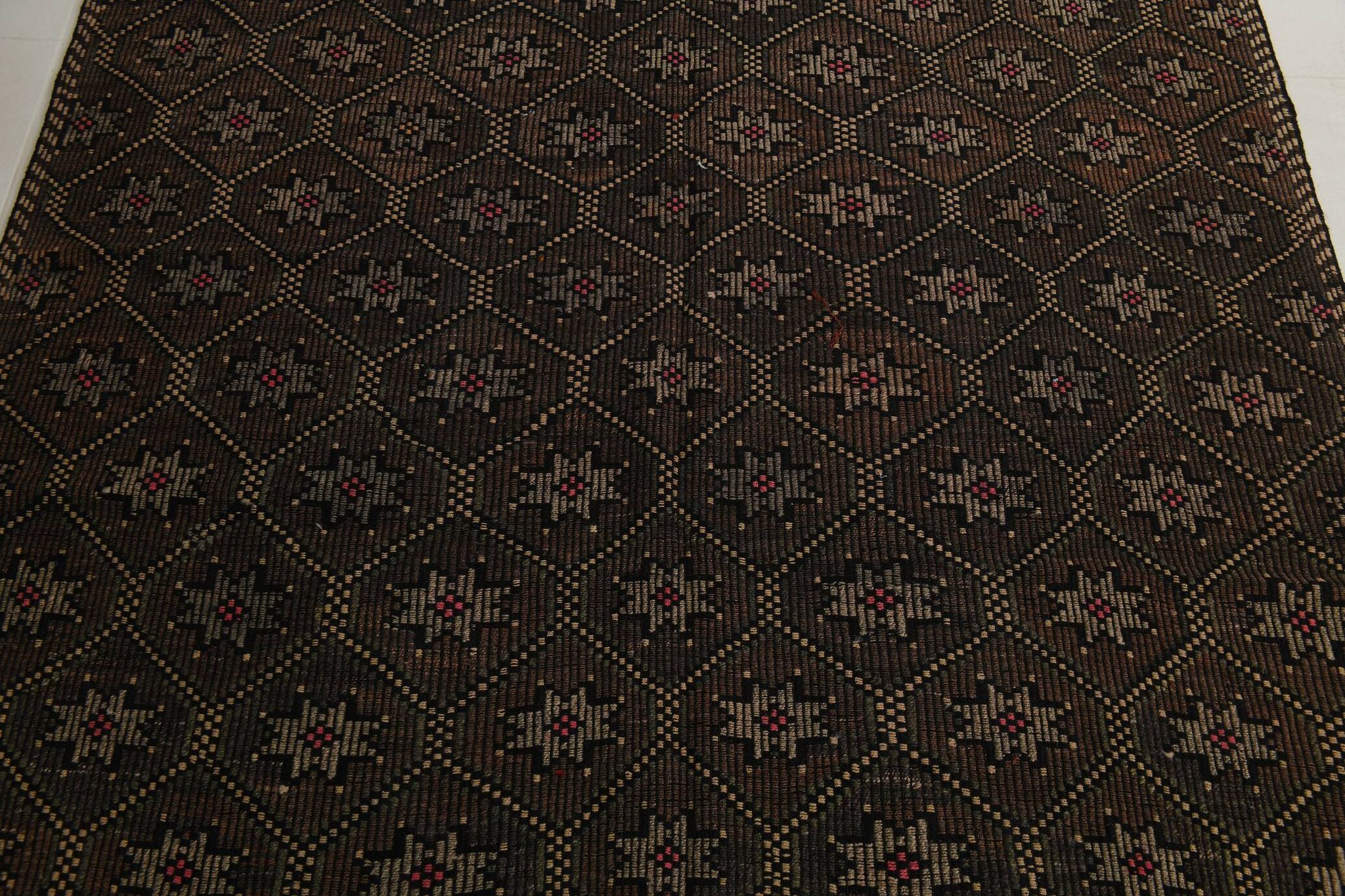 Tapis Kilim Vintage Noir et Brun à Motifs Géométriques, 183x297 Cm