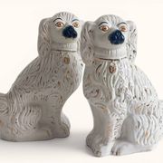 Pair of King Charles Spaniel dogs in Staffordshire majolica style.