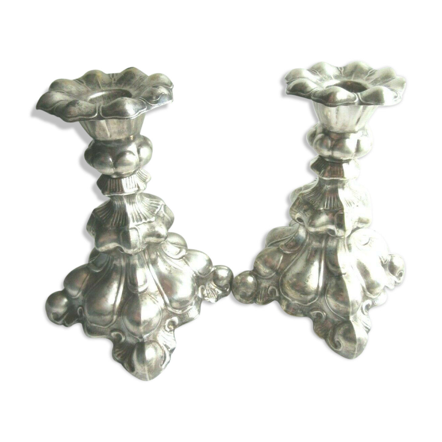 2 silver metal candlesticks, Louis XV style, 1900 era