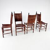 Set of 4 Pine and Leather Dining Chairs, 1970s
