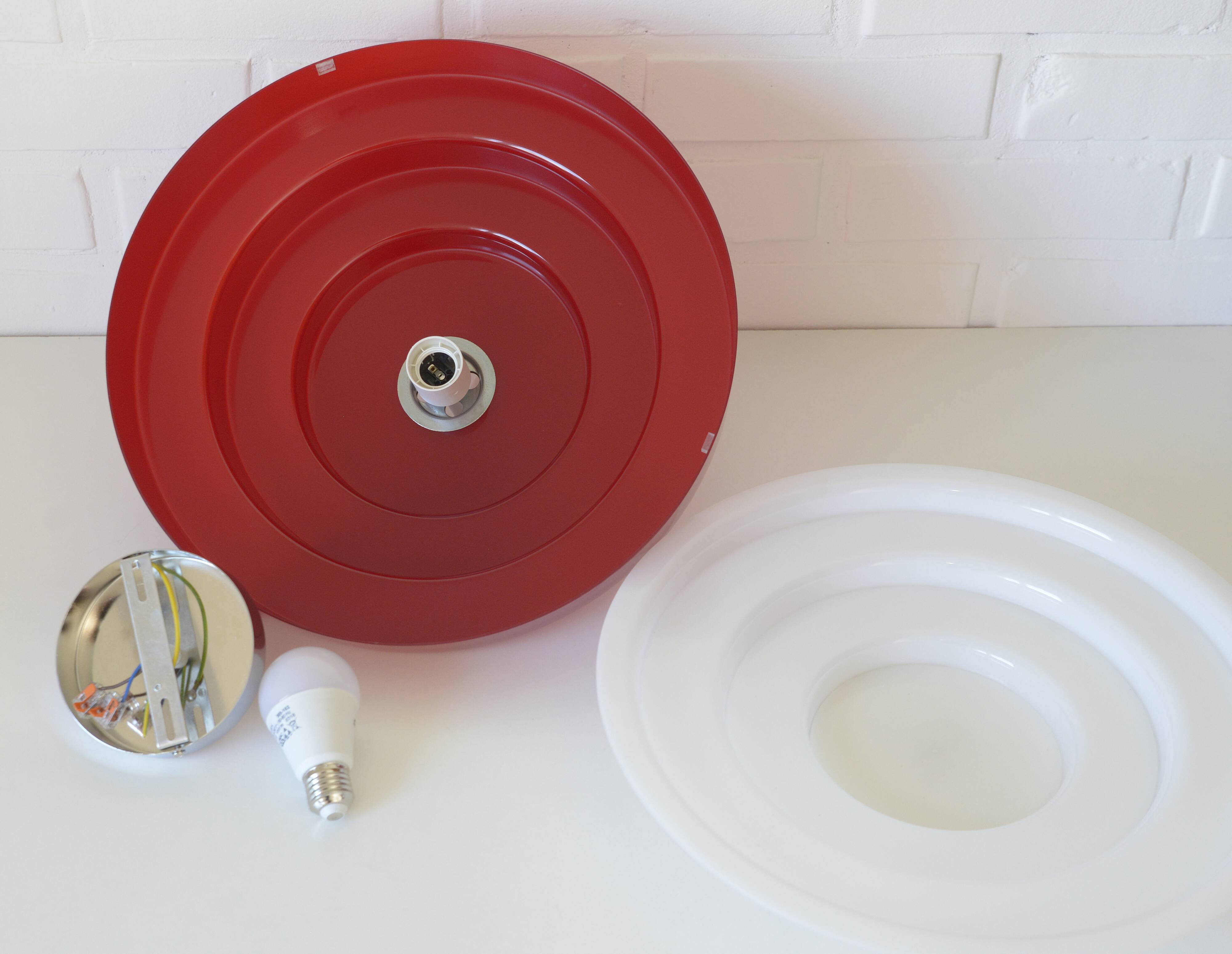 Vintage Scandinavian Design Hanging Lamp / Red Plastic Pendant Light 1970's