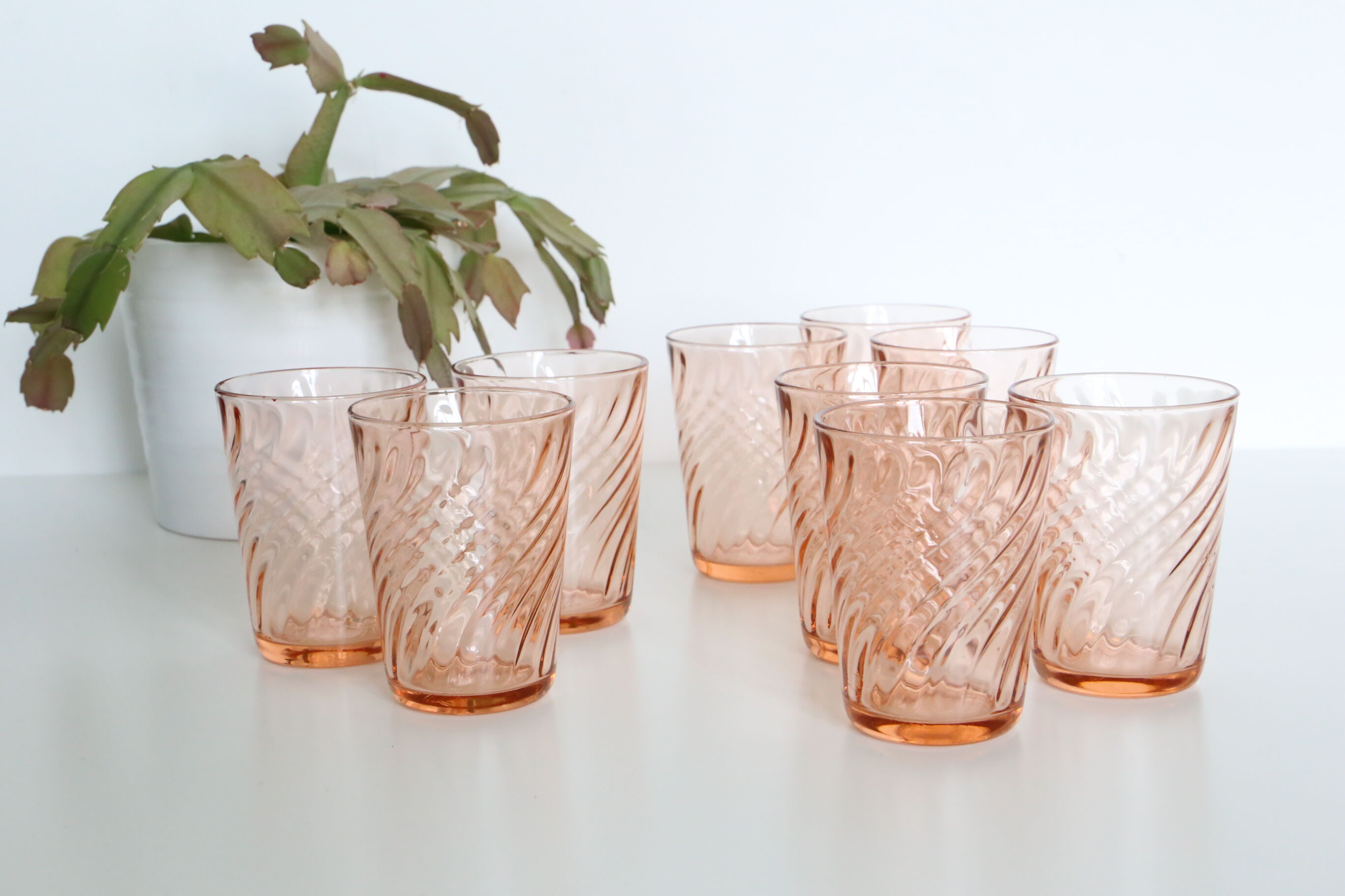 Pink glass water glass, lot of 9, French vintage