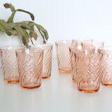 Pink glass water glass, lot of 9, French vintage