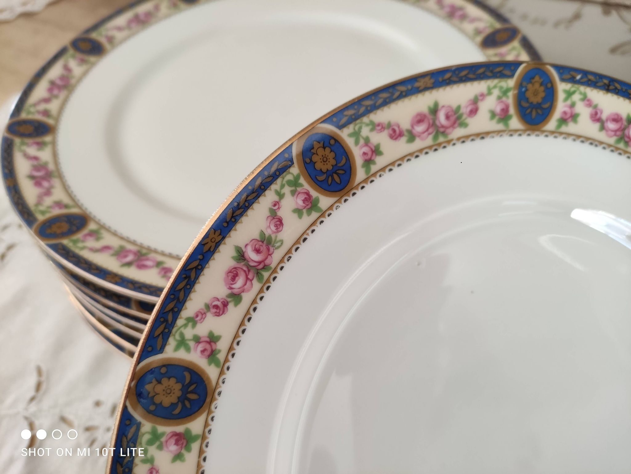 Set of 10 flat plates in Limoges porcelain stamp RN frieze blue old pinks