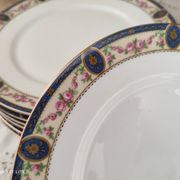 Set of 10 flat plates in Limoges porcelain stamp RN frieze blue old pinks