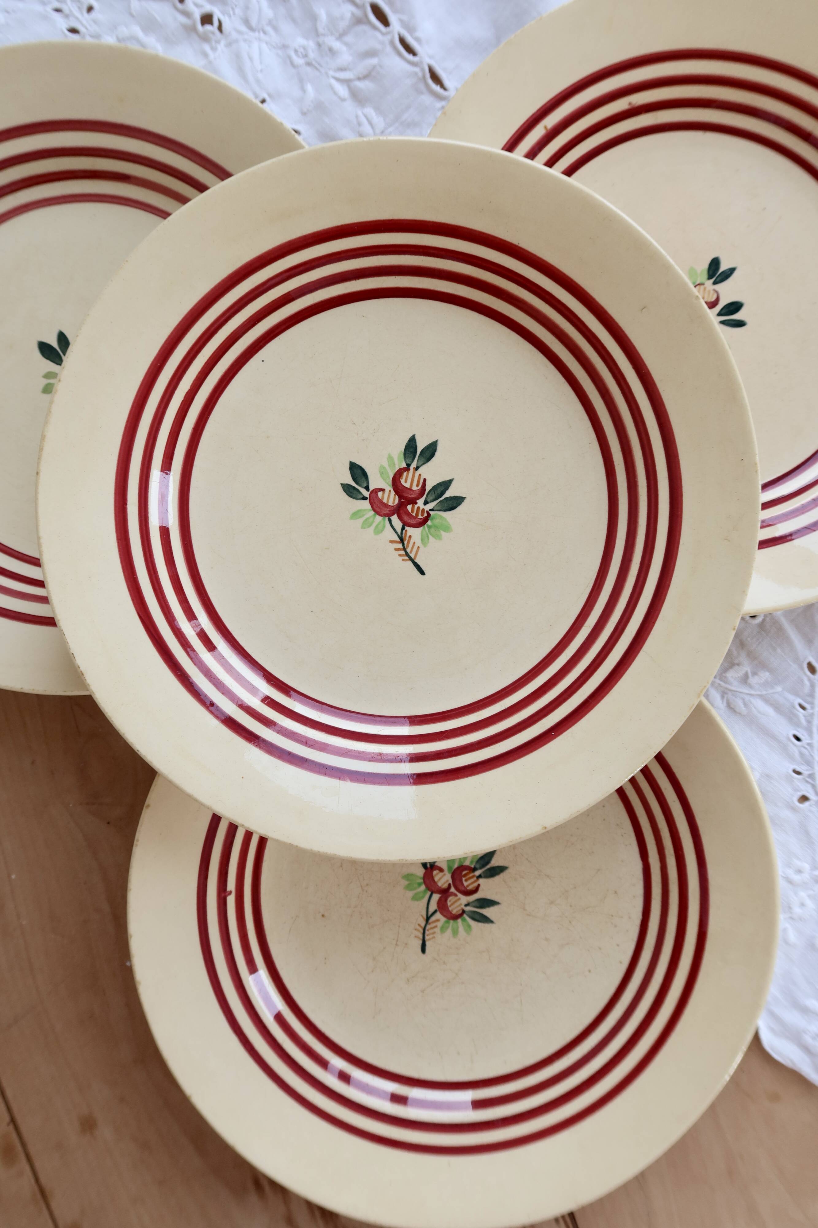 4 vintage Gien ironstone deep plates – Red floral pattern