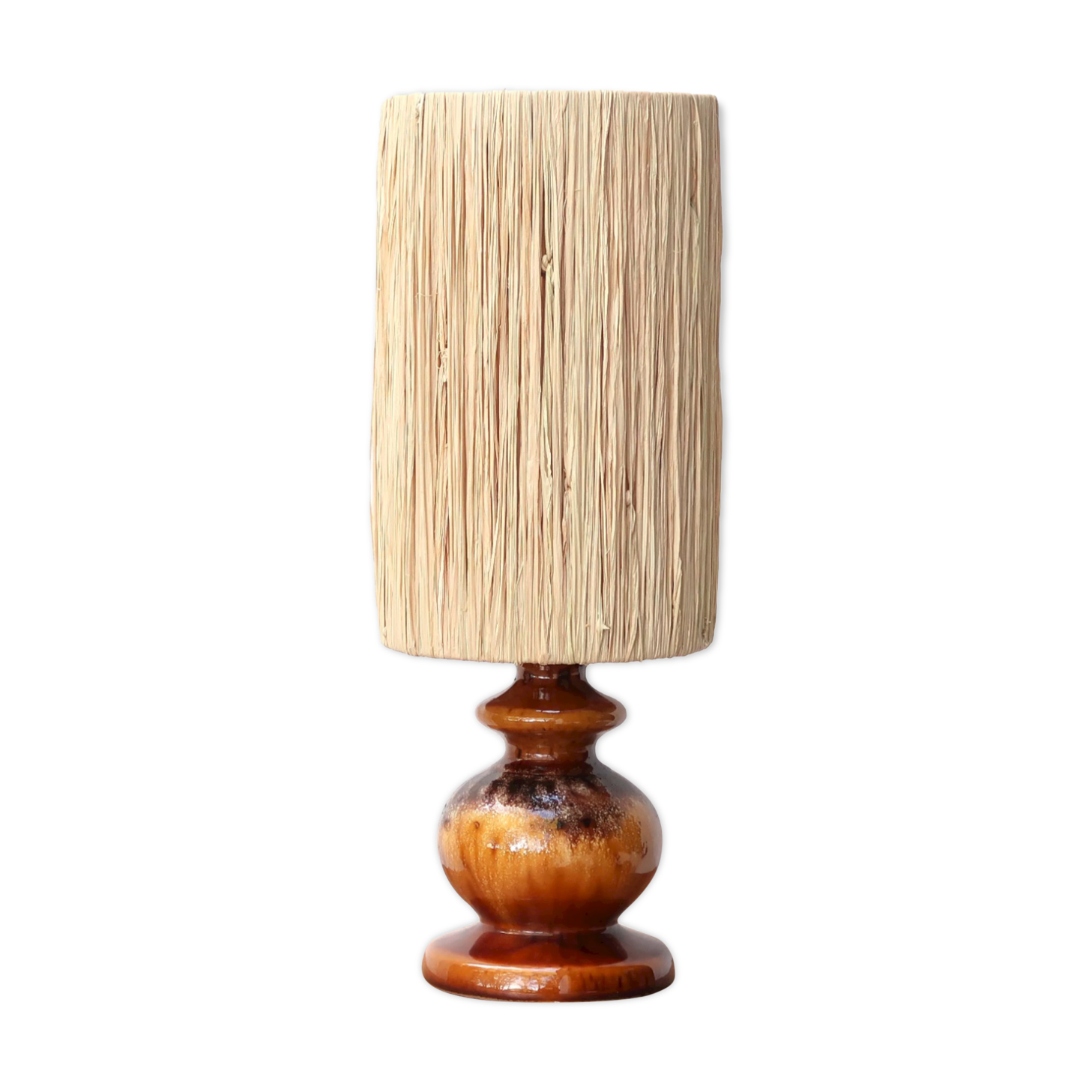 Brown ceramic lamp, raffia shade, 70s