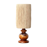 Brown ceramic lamp, raffia shade, 70s