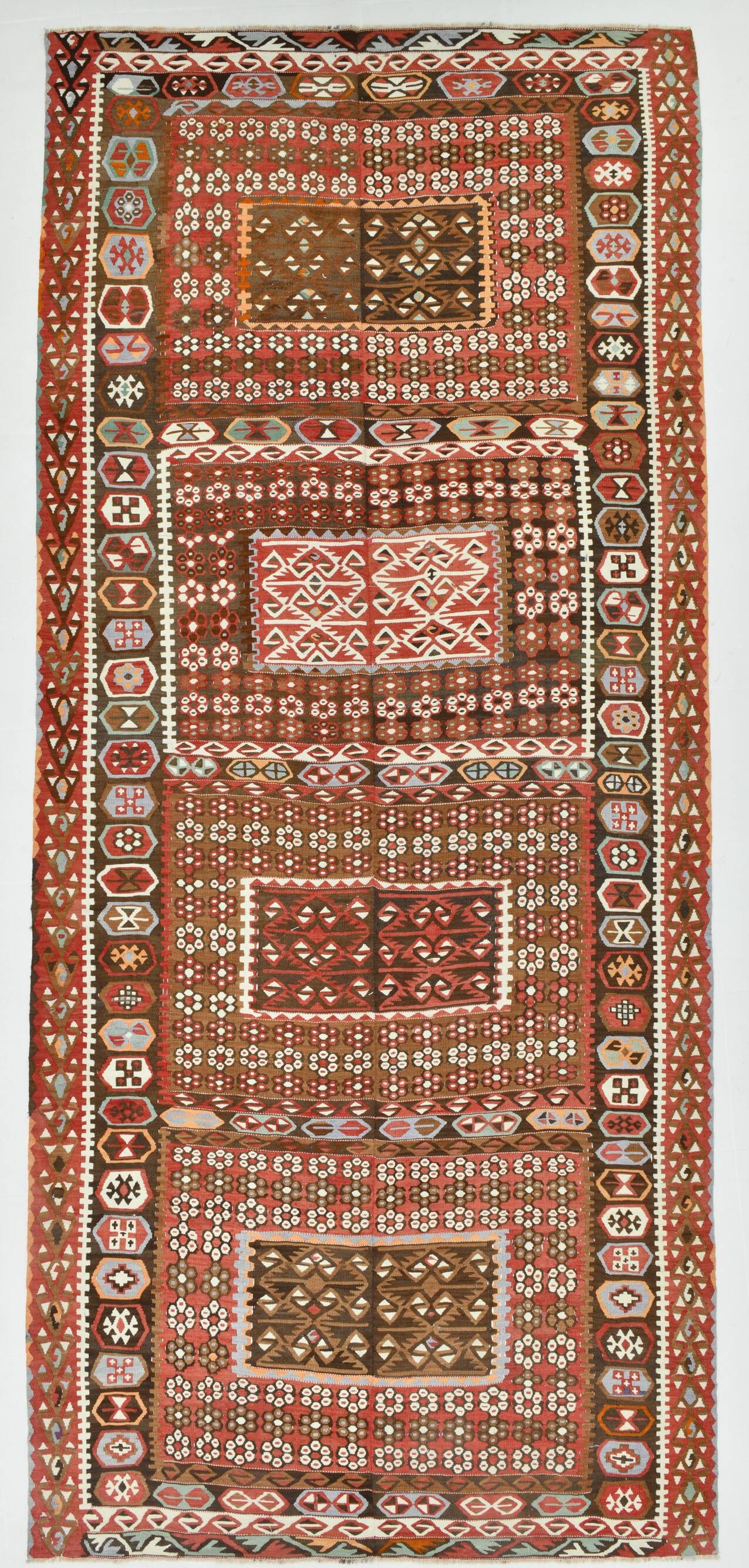 6x14 Kilim Warm Earthy Tons Long Wide Handmade Kilim Rug, 183x416 Cm