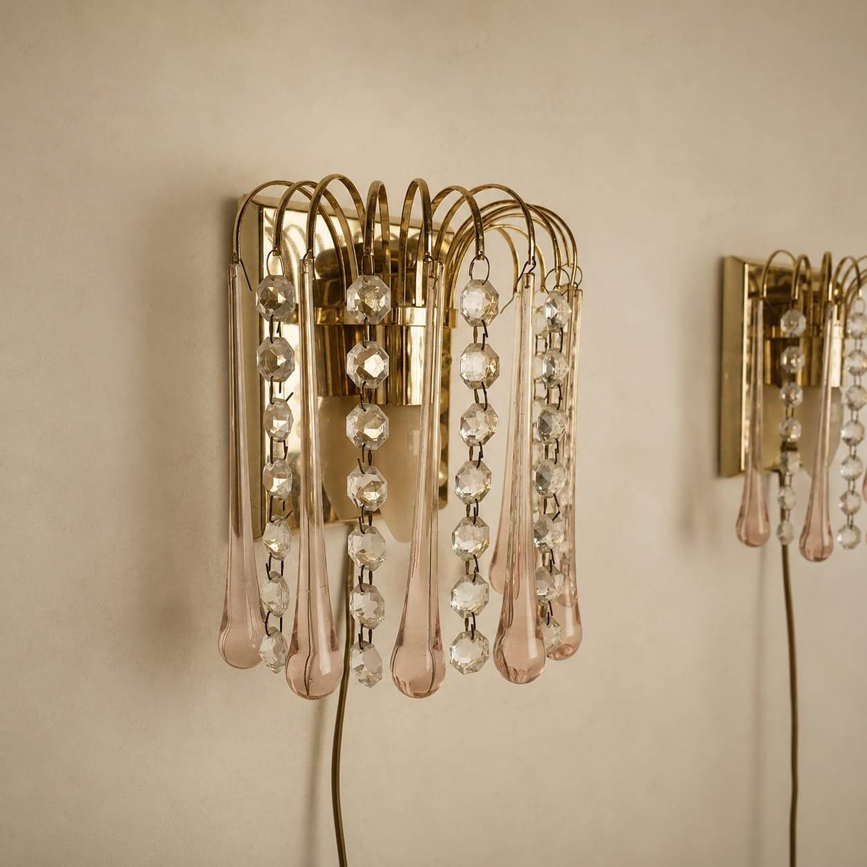 Set of 2 Hollywood Regency Murano glass wall lamps, 1970s