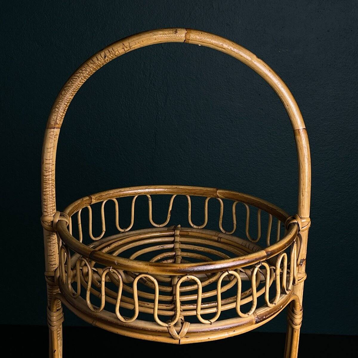 Vintage round service trolley in bamboo and rattan, 1960s