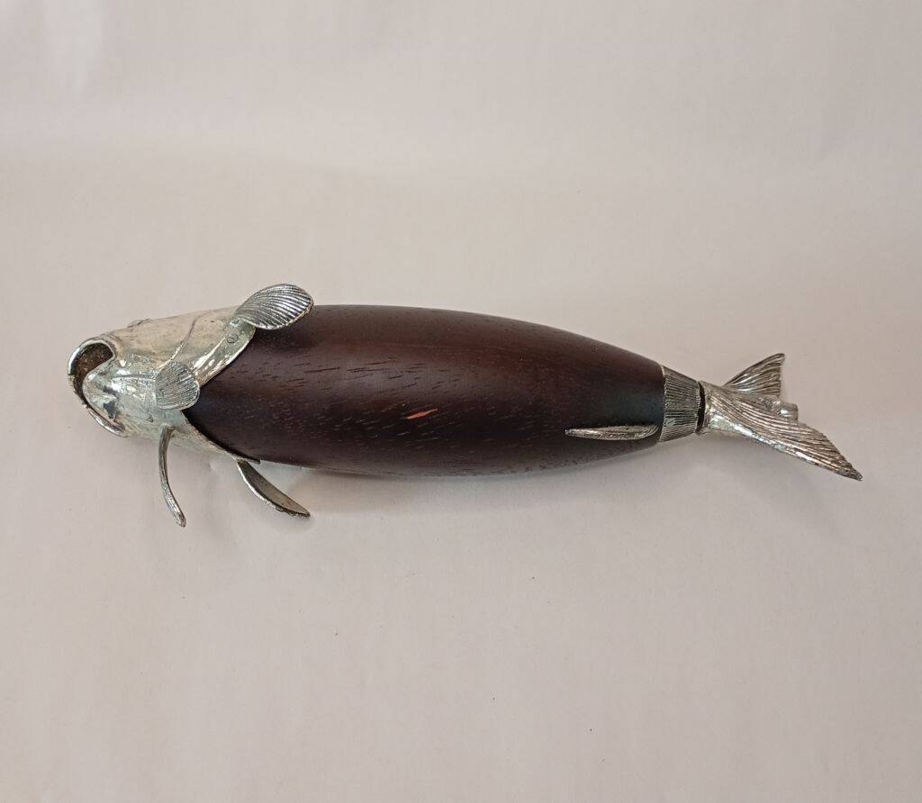 Italian Tre Spade Fish Shaped Rose Wood & Silverplate Pepper Mill or Grinde