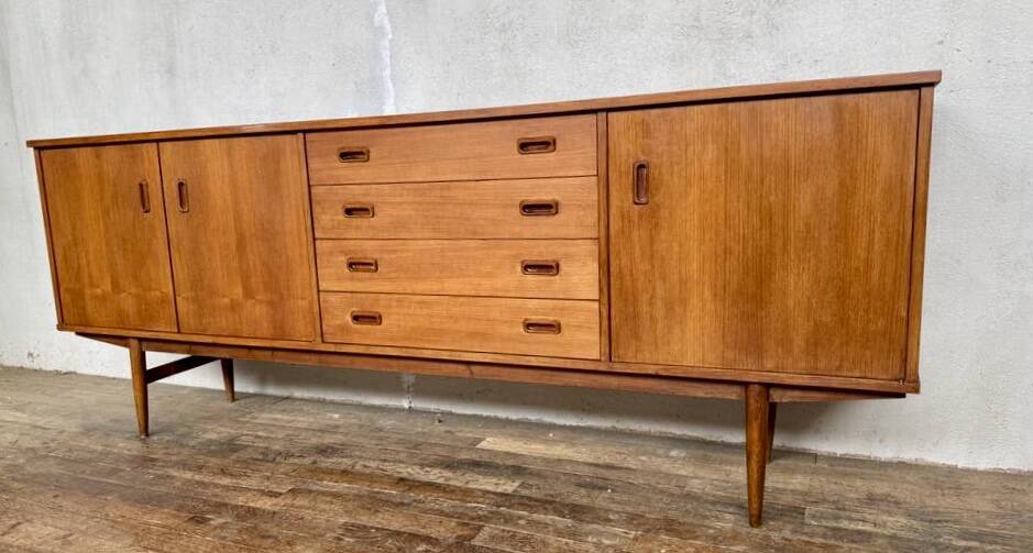 Teak sideboard 220 cm 3 doors 4 drawers 1960