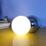 Lamp molecule, two balls, globe in opaline and stainless steel, 1970