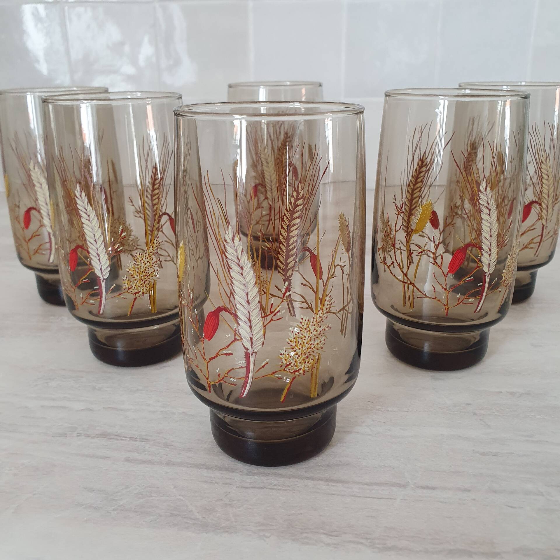 6 large smoked brown glasses