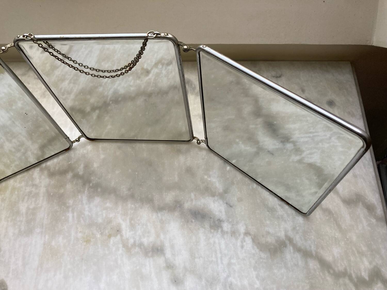 Vintage vertical beveled triptych barber mirror