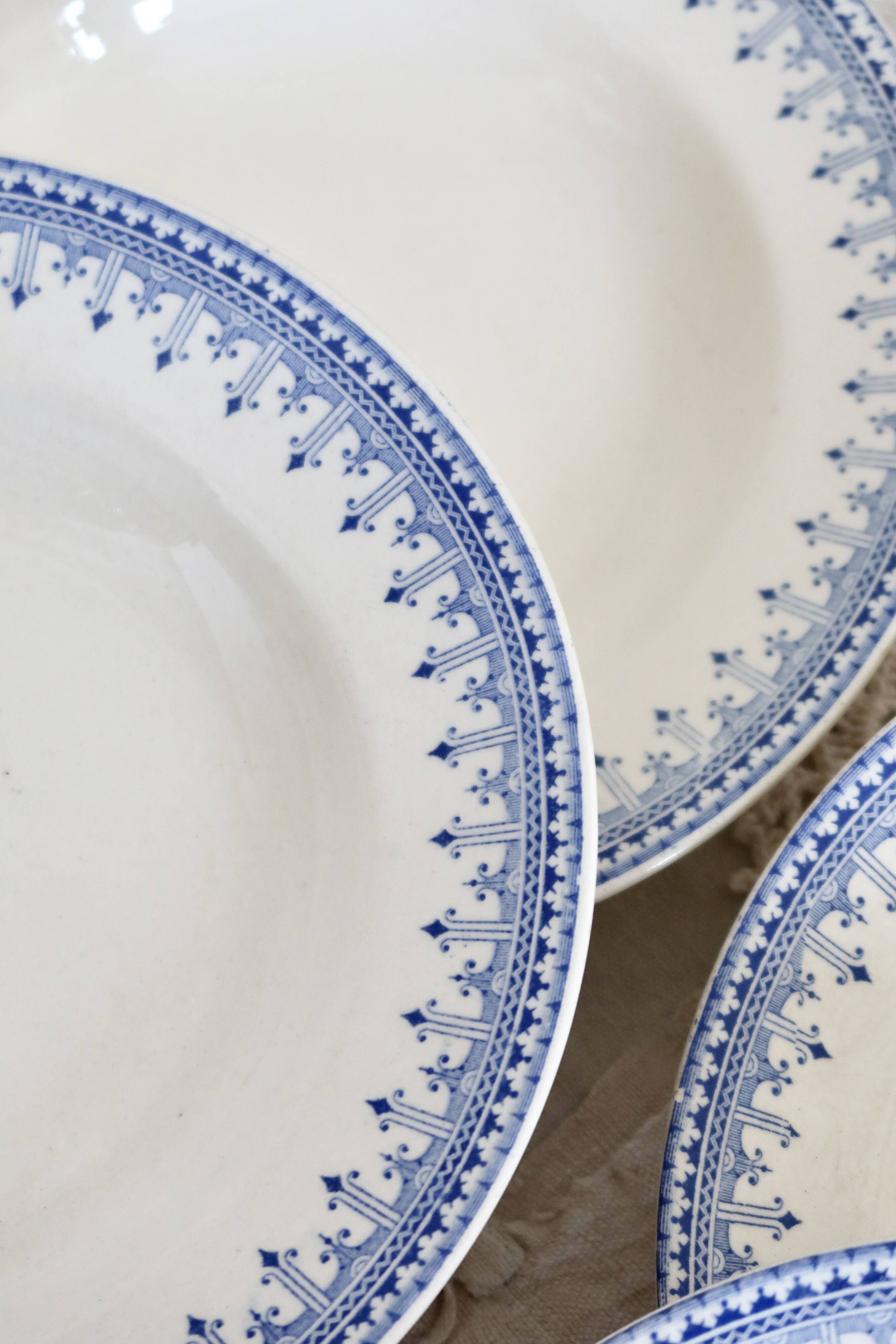 6 vintage Belgian earthenware soup plates with blue marli pattern
