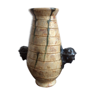 Large Vase Faces of Men in Sandstone Sylvain Sttublet Vintage Ceramic 1950