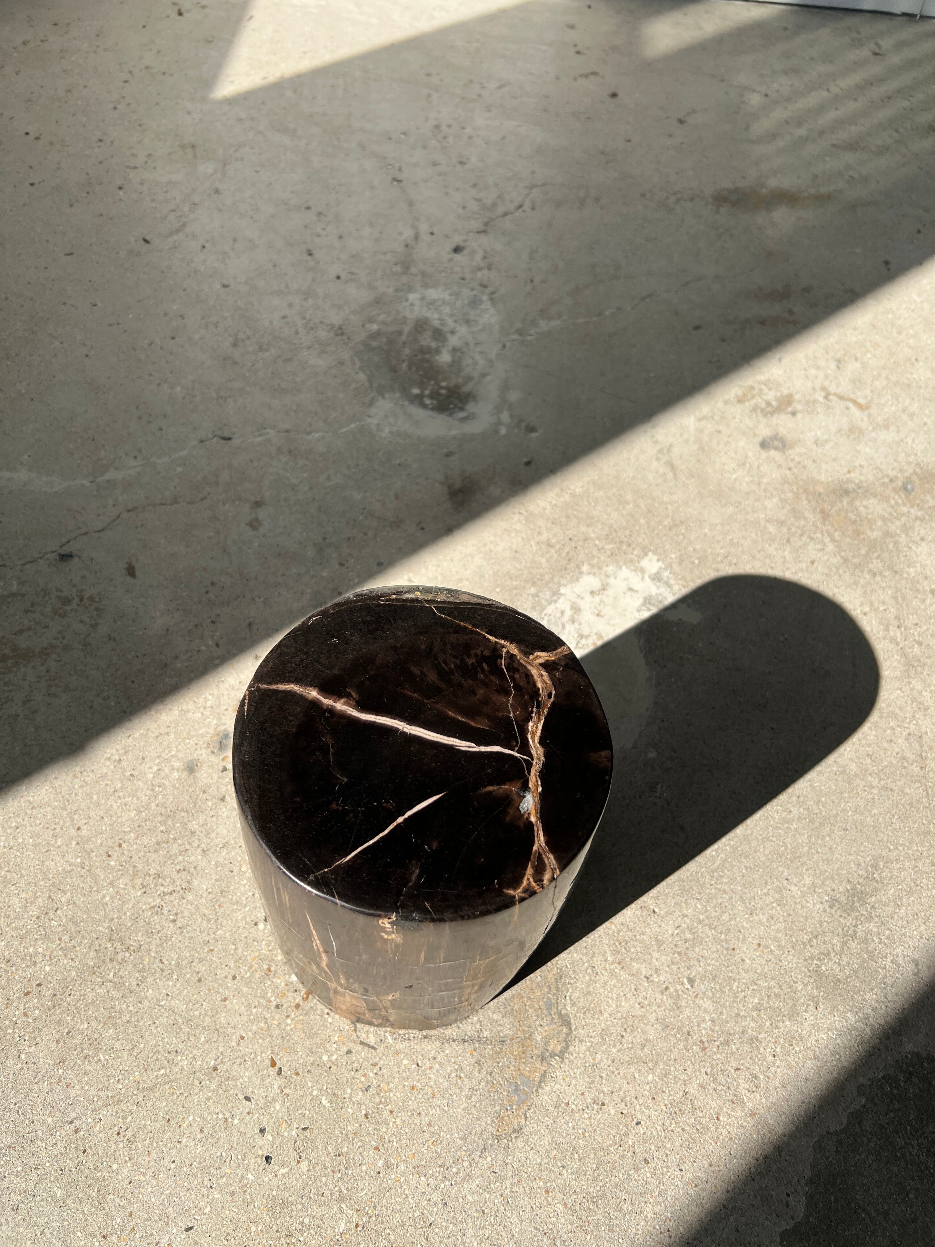 Side table in black petrified wood with light streaks h: 27,5cm d:18,5cm
