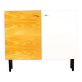 Meuble de rangement en bois blond et stratifié blanc
