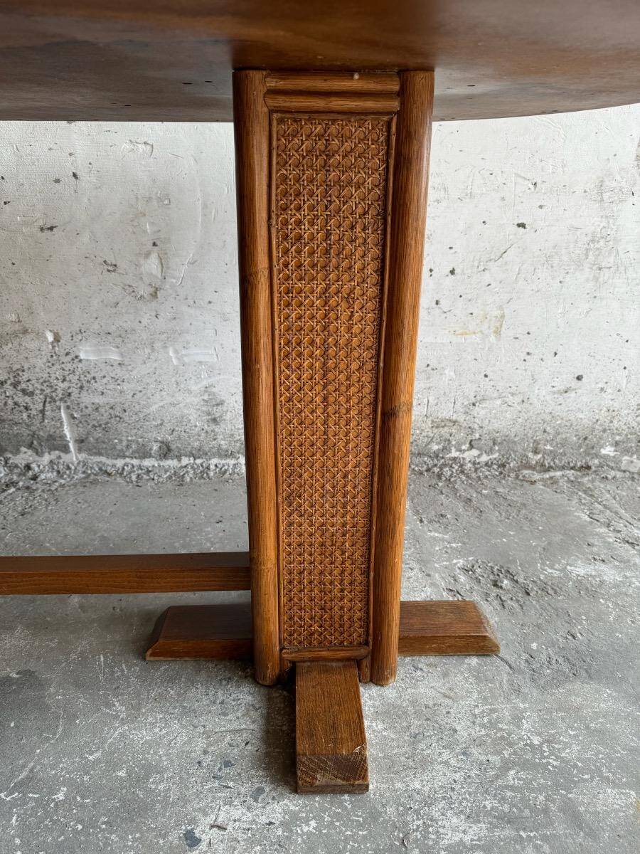 Honey-Brown Beech Wood Mid-Century Dining Table with Rattan Accents, 1960 Oval Top