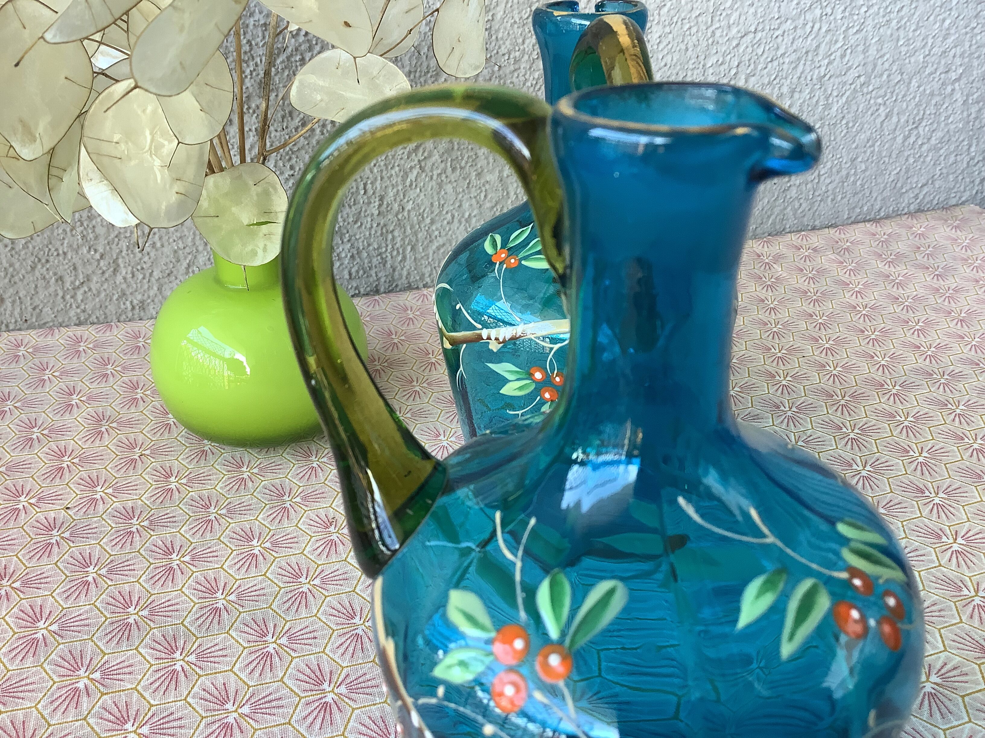 19th century enamelled blown glass liqueur decanters, called Georges Sand