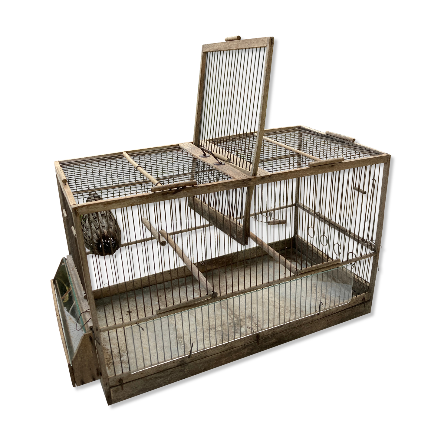Cage double à oiseaux ancienne en bois et zinc