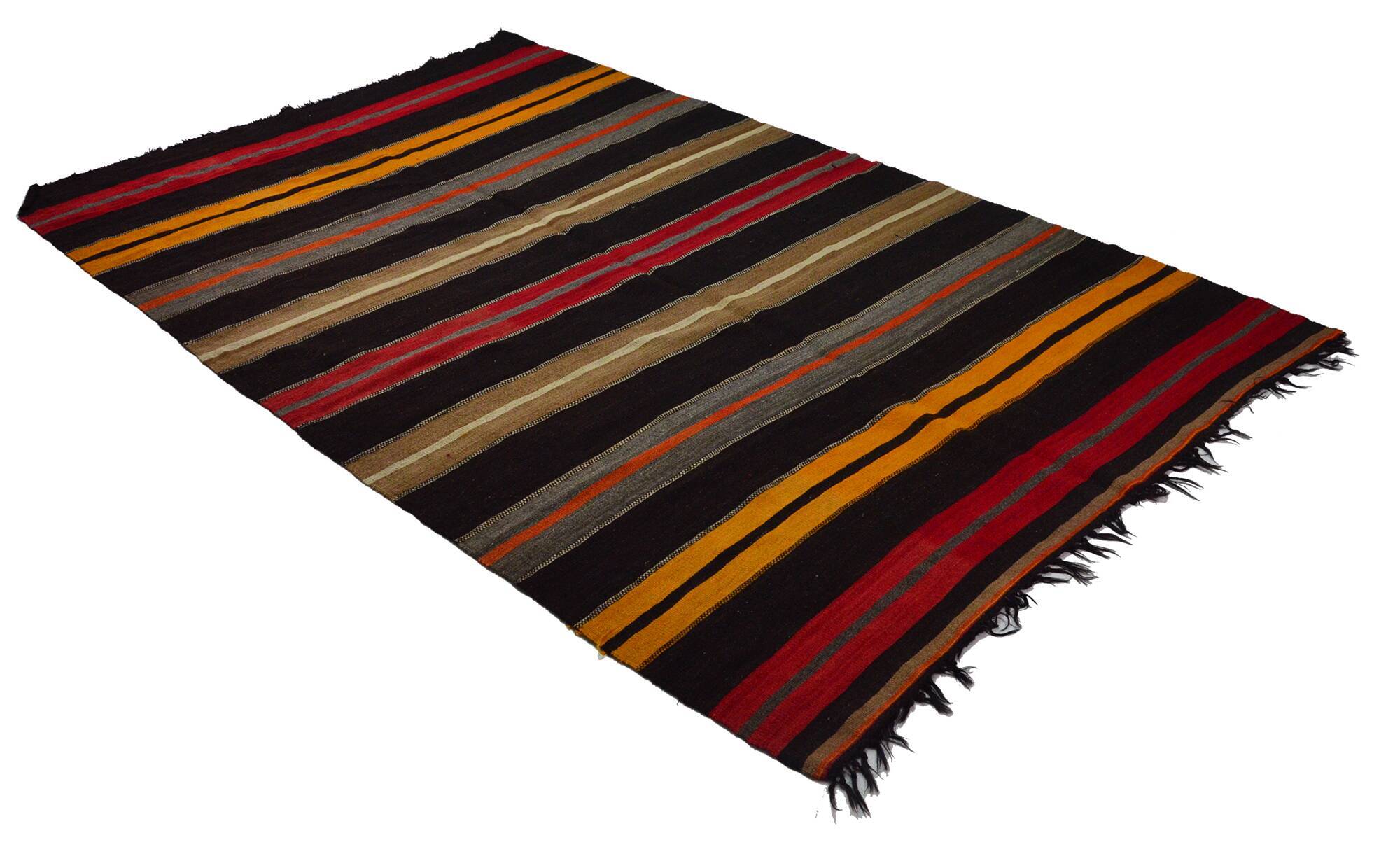 Grand Turkish Kilim Yuruk Vintage Stripe 220x335 cm Red Yellow Beige