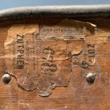 Antique brown travel case with wooden slides from the early 1900s