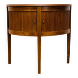 Old mahogany half-moon table with side shutters.