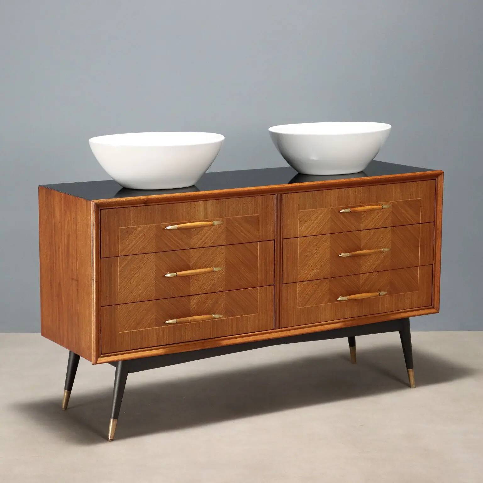 Vintage mahogany veneered commode with basins, 1960s design.
