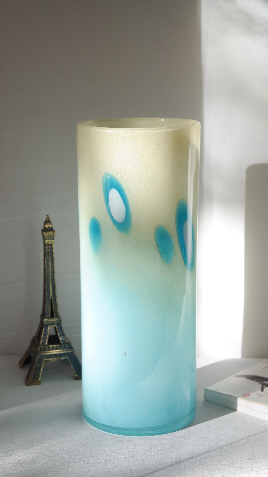 Vintage 70's blue blown glass tubular vase