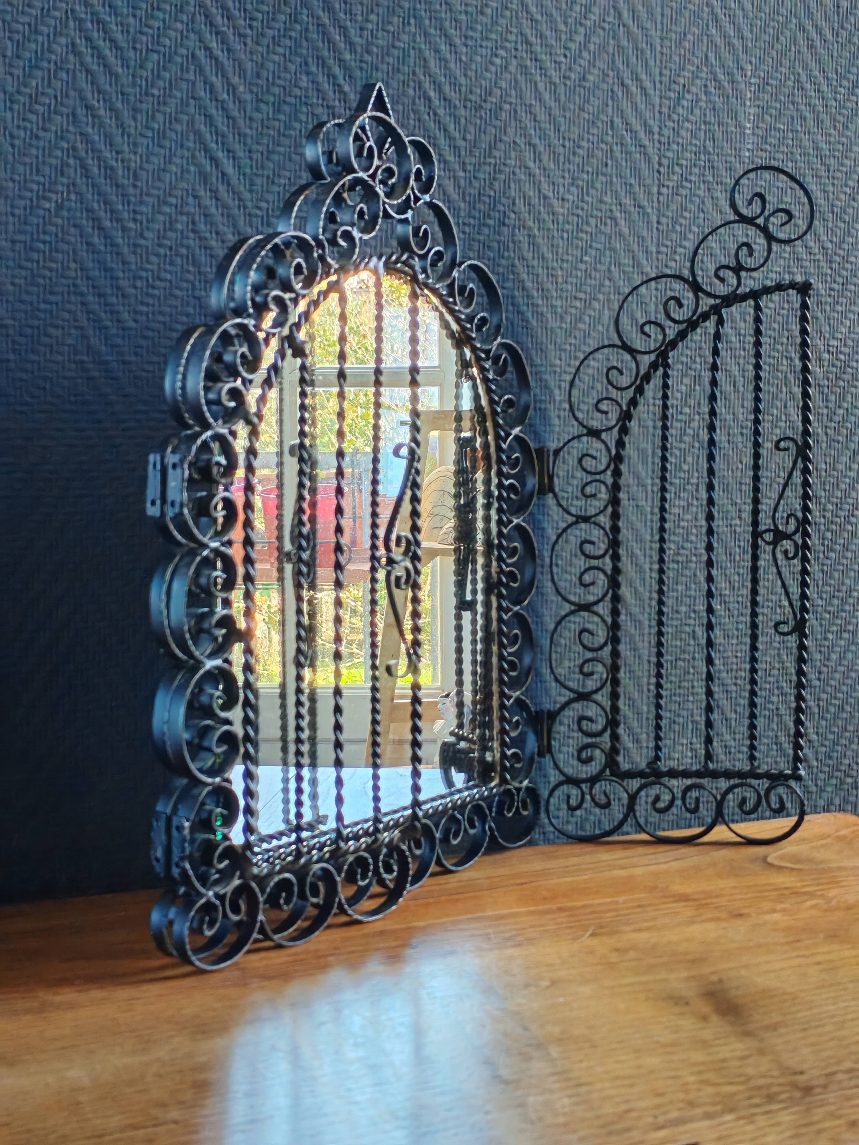 Vintage Black Wrought Iron Triptych Mirror