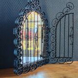 Vintage Black Wrought Iron Triptych Mirror