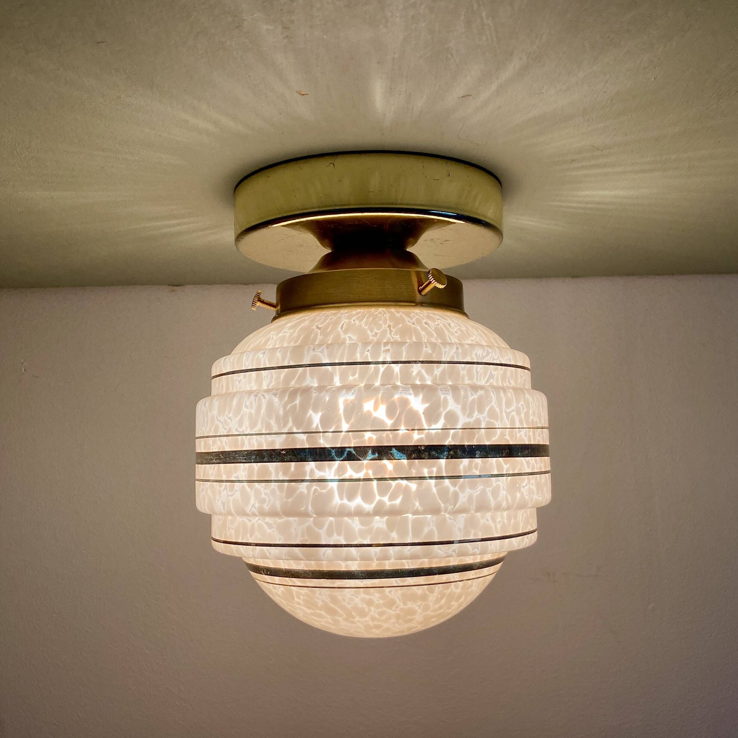 Vintage art deco globe wall or ceiling light in pink and gold Clichy glass