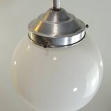 Vintage suspension in aluminum metal and opaline glass globe – Industrial design