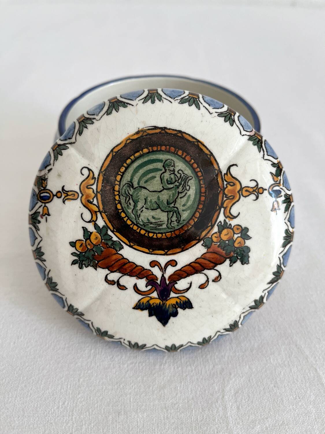 Antique Gien earthenware candy box with Renaissance decor