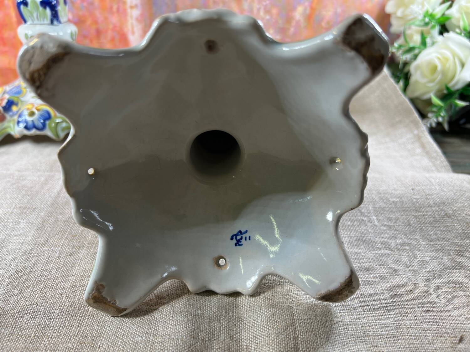 Pair of Desvres earthenware candlesticks