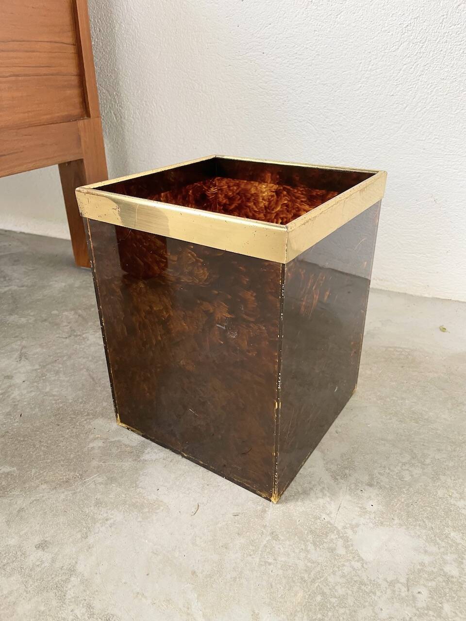 Tortoiseshell, resin and brass trash can from the 50s