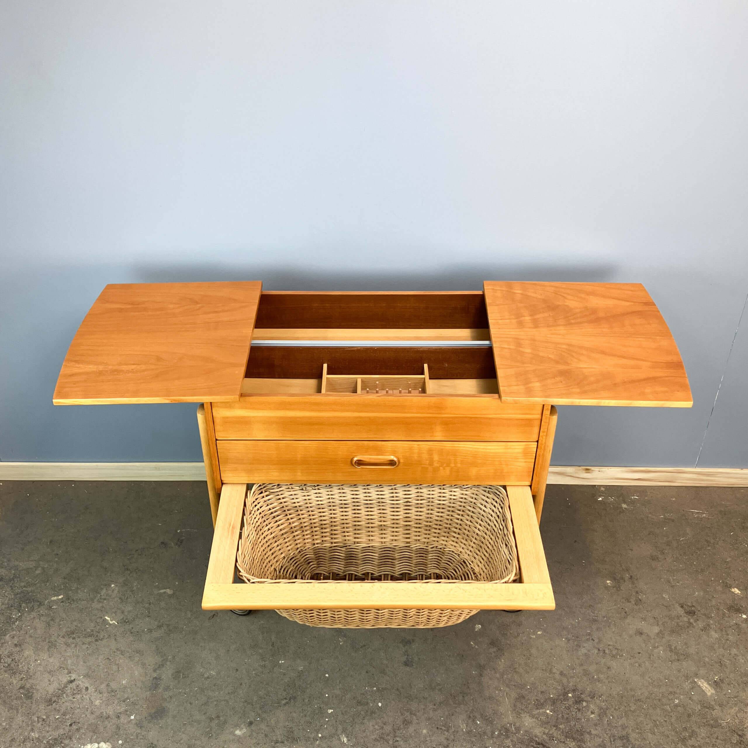 Wheeled sewing box, pear wood, beech, wicker, 1960s