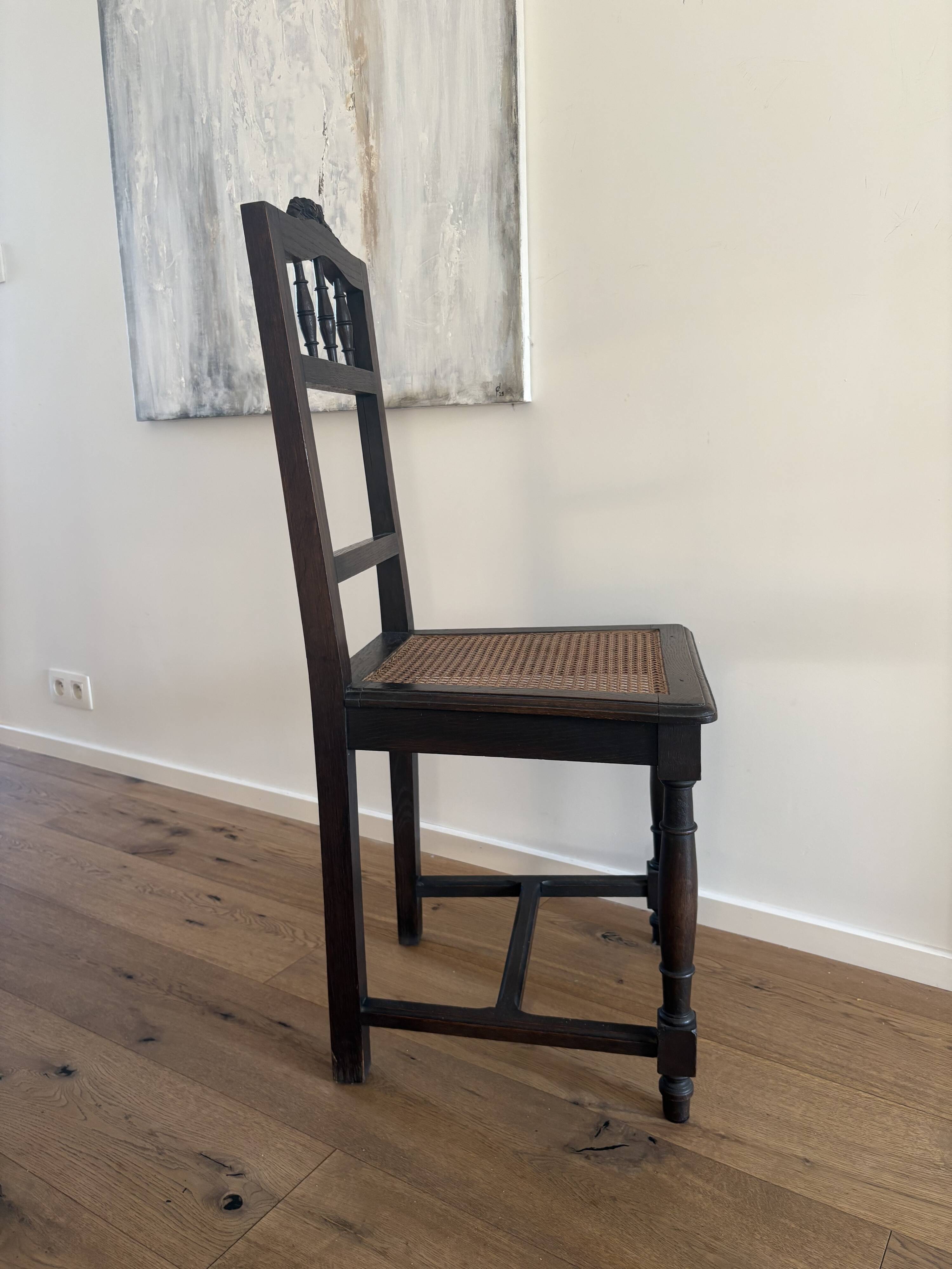 Lot of 4 solid oak chairs with caning in the Henri II style.